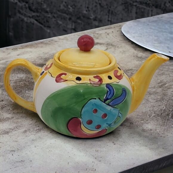 Hausenware VTG Teapot Colorful Yellow Festive Artist Handpainted Crackle Design - Picture 5 of 12